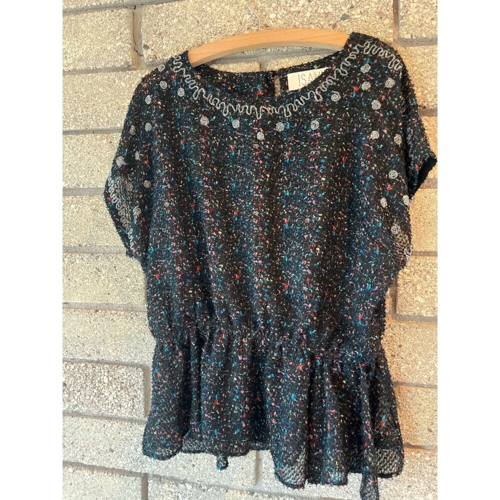 ISANI Black Multicolor Textured Top With Beaded Embellishments Short Sleeves & P